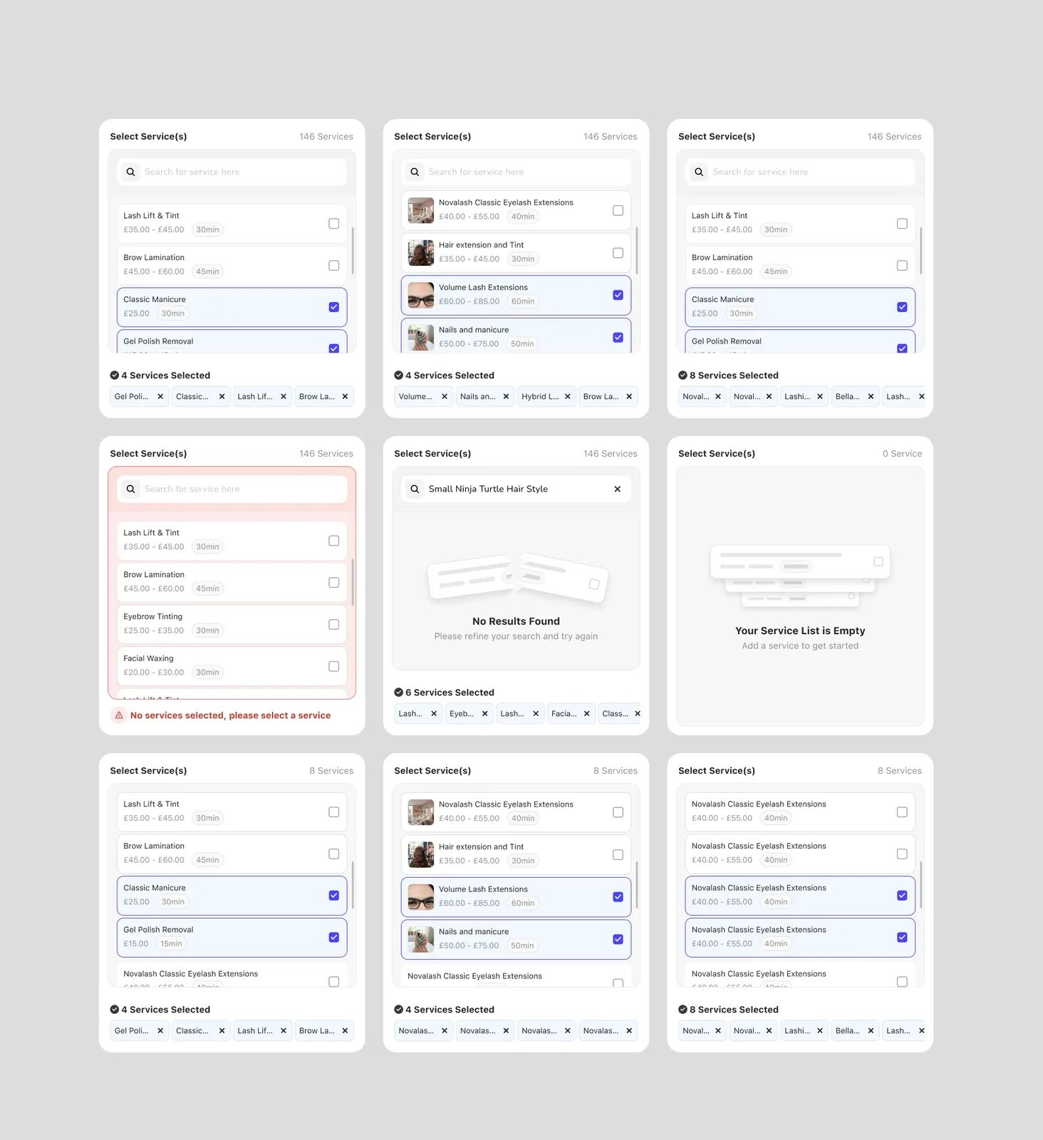Select Service component showing different use cases