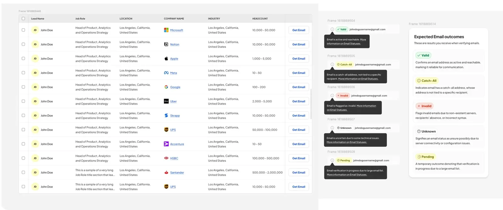 Lead Search Table and Email Status Indicators