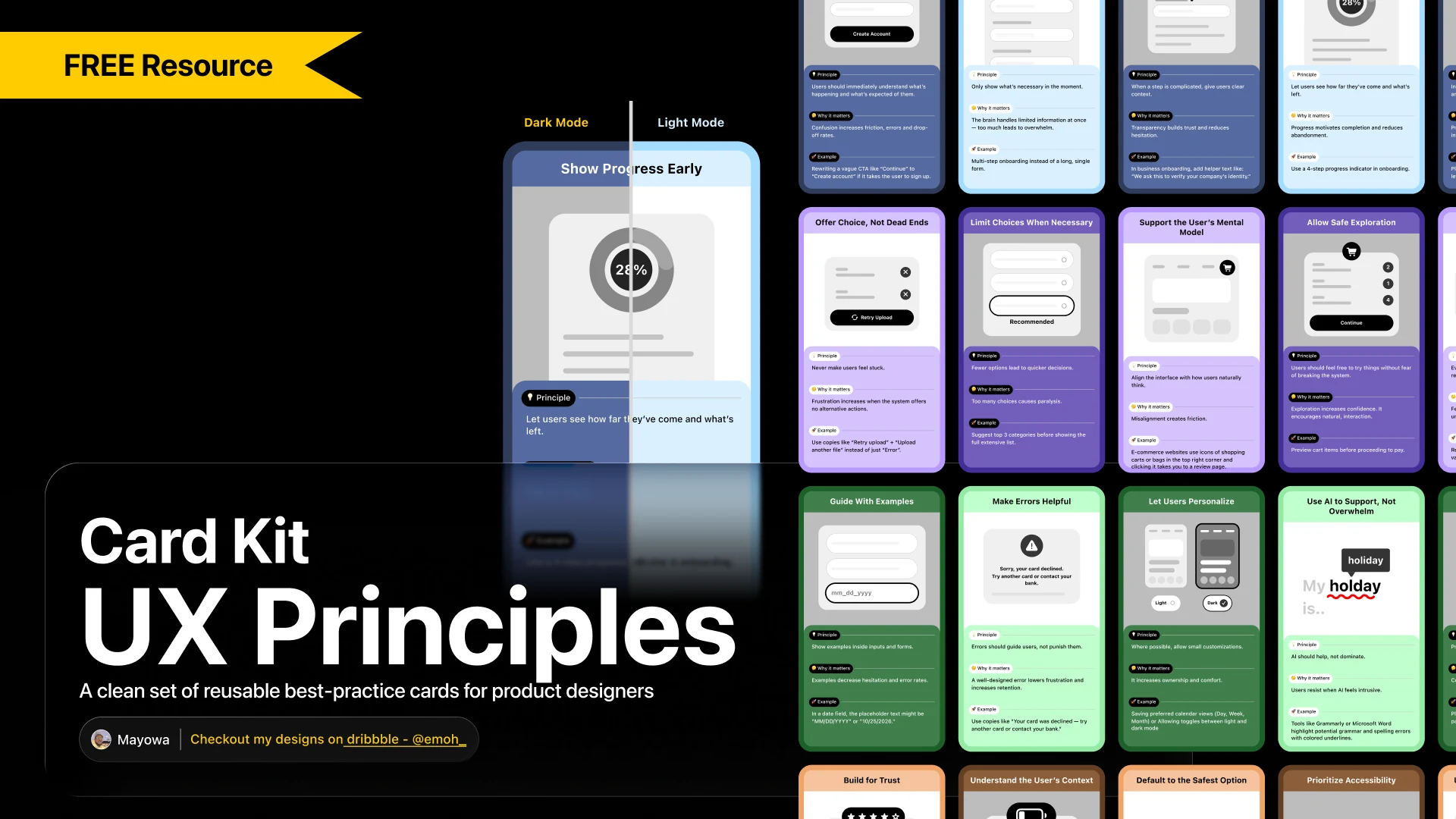 Card Kit, UX Principles: dark and light versions of a card beside a grid of colour-coded UX cards